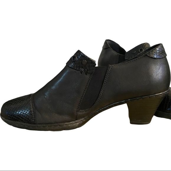 Rieker black genuine soft leather zipper round toe heeled shoes size 9 VGUC - Picture 6 of 9